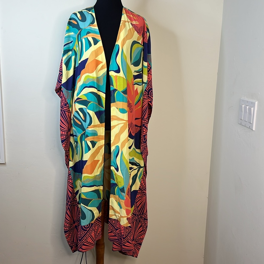 SOFT SURROUNDINGS Long Line Open Front Floral Kimono S/M - Picture 2 of 6